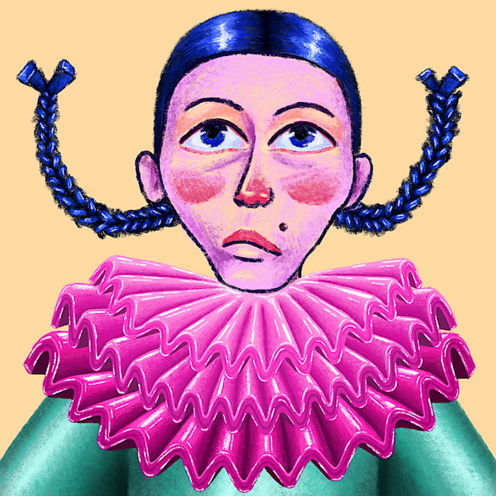 Sad-looking clown with blue hair in braids. They’re wearing a hot pink collar and a teal shirt. Behind them is a creme background.