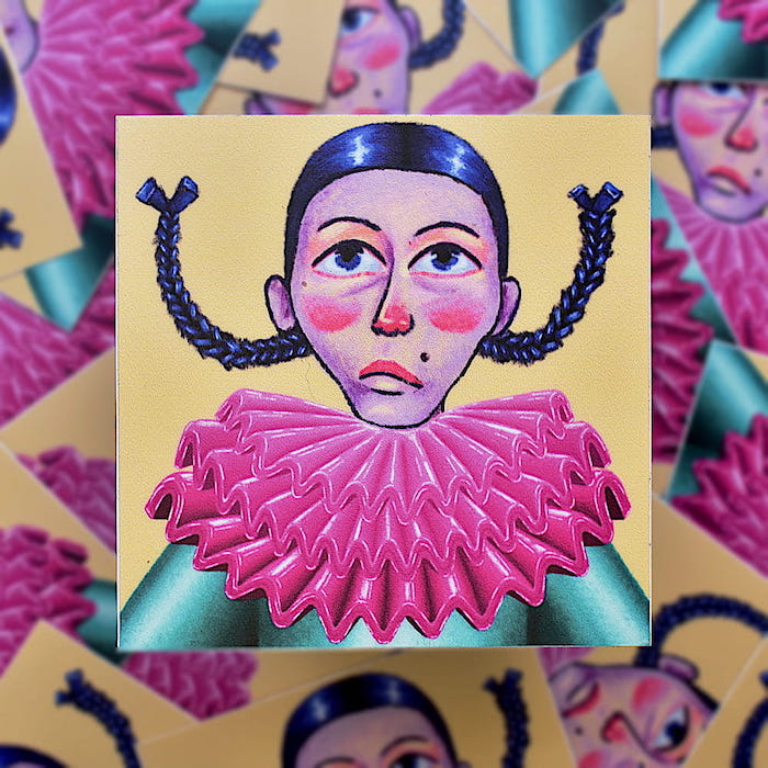 Close-up of the sticker “Clown”. Features a sad clown, wearing a pink oversized collar and teal shirt on a creme background.