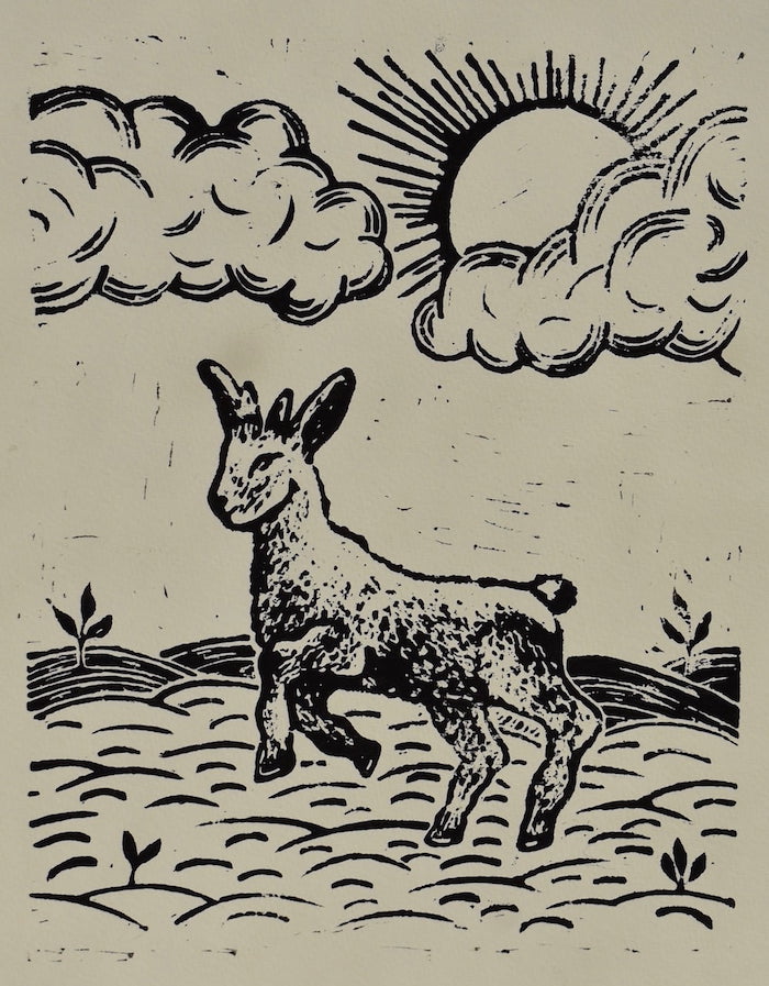 On top, there’s a sun shining through clouds. Below is a small lamb, with a bunny tail and ears, frolicking through a garden.