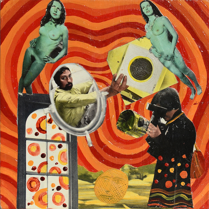 Two naked teal-coloured women are on top, in the center, a man is holding a vinyl. The bottom has a man holding a camera,