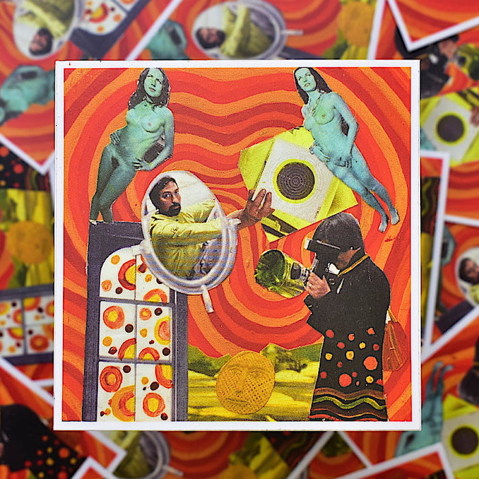 A close-up of the sticker “Pandemonium” featuring a bright orange pop-art background with yellow and teal images on top.