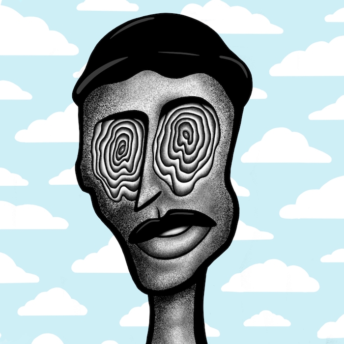 Surrealist-inspired illustrative portrait of a man with spiral eyes in a hat. Behind him is a blue background with white clouds